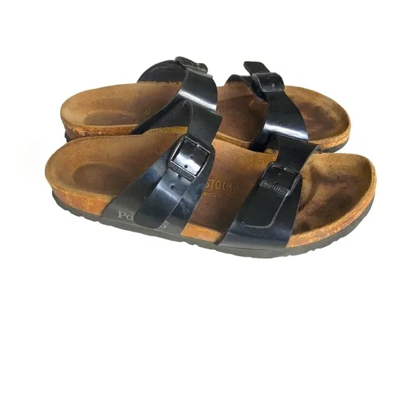 Birkenstock Arizona Papillio Black Patent Birko Flor Sandals Slides Womens