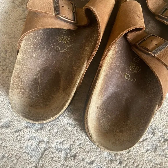 Birkenstock Arizona Sandal Nubuck Leather Double Buckle Open Toe Camel Tan Brown