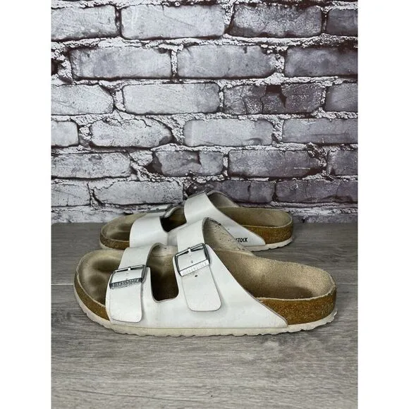 Birkenstock Arizona White Leather Strap Cork Slides Sandals Men’s Sz 44EU/11M US