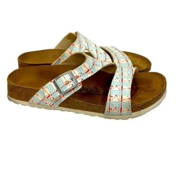 Birkenstock Birkis Anchor Print Sandals Slides Size 38 Women 7 Men 5