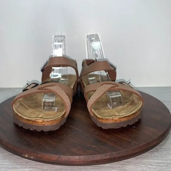 Birkenstock Birkis Women’s 7 Mens 5 Sandals Tan Calais 250 Woven Leather Buckle