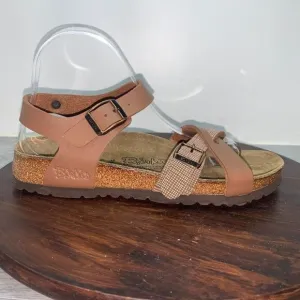 Birkenstock Birkis Women’s 7 Mens 5 Sandals Tan Calais 250 Woven Leather Buckle