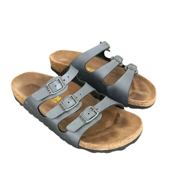 Birkenstock Florida Metallic Grey Birko Flor Sandals Slides Women’s