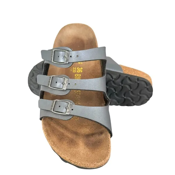 Birkenstock Florida Metallic Grey Birko Flor Sandals Slides Women’s