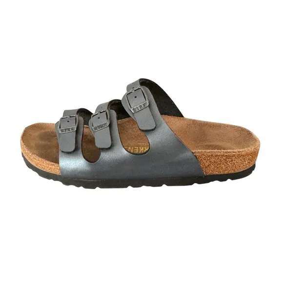 Birkenstock Florida Metallic Grey Birko Flor Sandals Slides Women’s