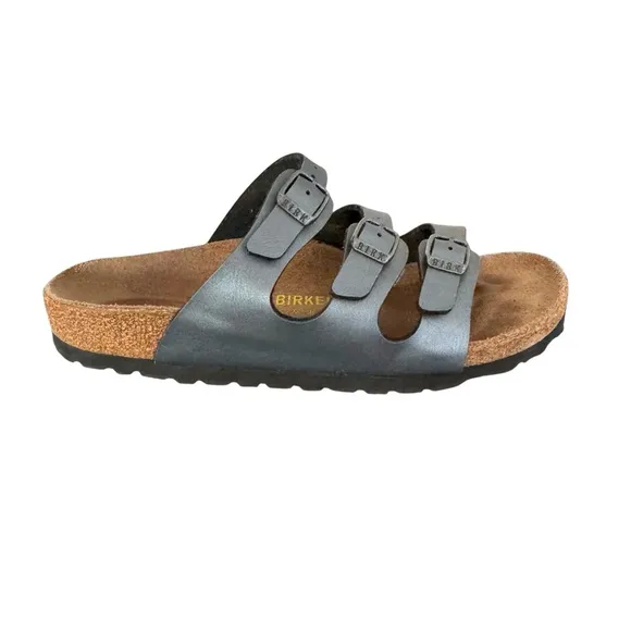 Birkenstock Florida Metallic Grey Birko Flor Sandals Slides Women’s