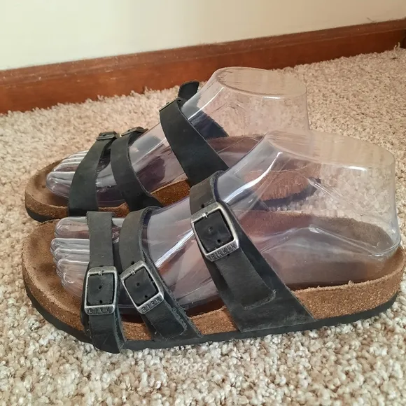 Birkenstock Florida Soft Footbed Black Oiled Leather 3 Strap Cork Sandals W6/M4