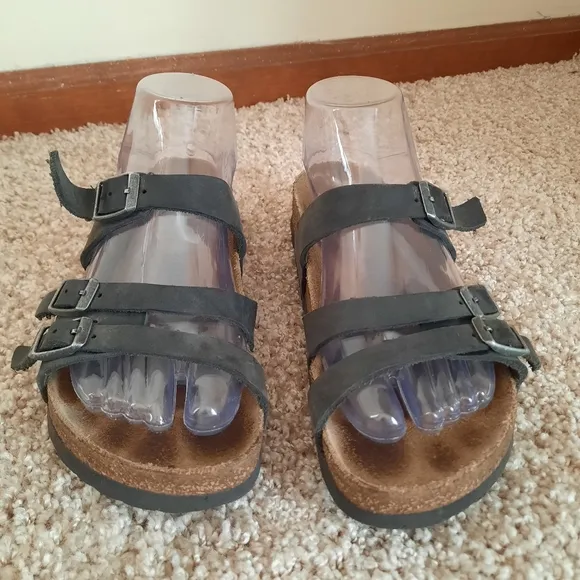 Birkenstock Florida Soft Footbed Black Oiled Leather 3 Strap Cork Sandals W6/M4