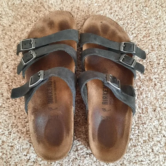 Birkenstock Florida Soft Footbed Black Oiled Leather 3 Strap Cork Sandals W6/M4