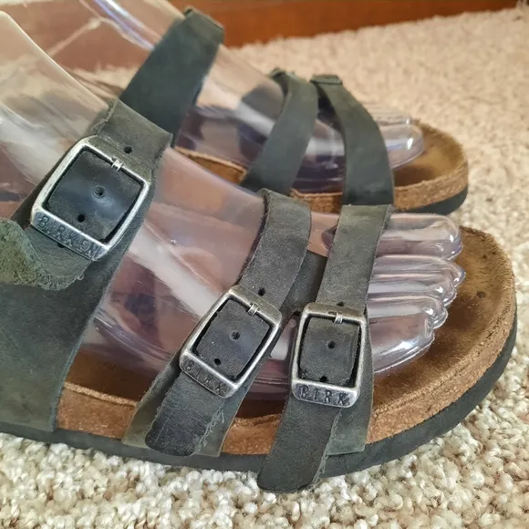 Birkenstock Florida Soft Footbed Black Oiled Leather 3 Strap Cork Sandals W6/M4