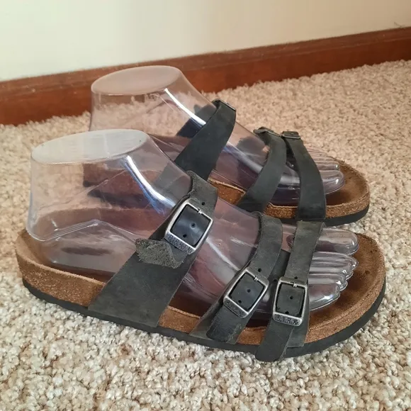 Birkenstock Florida Soft Footbed Black Oiled Leather 3 Strap Cork Sandals W6/M4