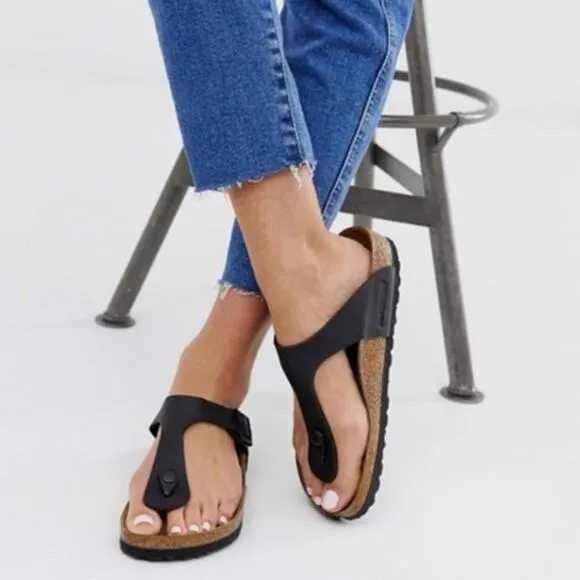 Birkenstock Gizeh Birko-Flor Faux Leather Sandals Black Size 38 Regular 7-7.5