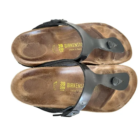 Birkenstock Gizeh Patent Birko Flor Black Thong Slides Sandals Women’s Size 39