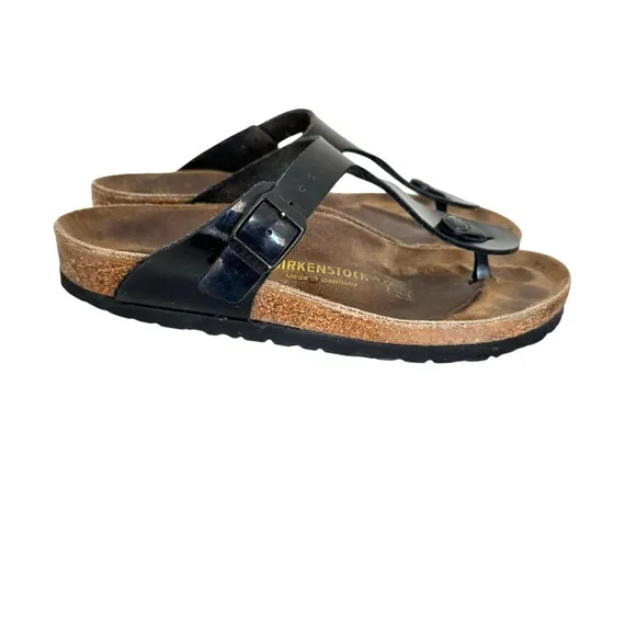 Birkenstock Gizeh Patent Birko Flor Black Thong Slides Sandals Women’s Size 39
