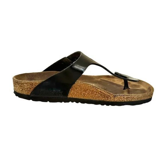 Birkenstock Gizeh Patent Birko Flor Black Thong Slides Sandals Women’s Size 39