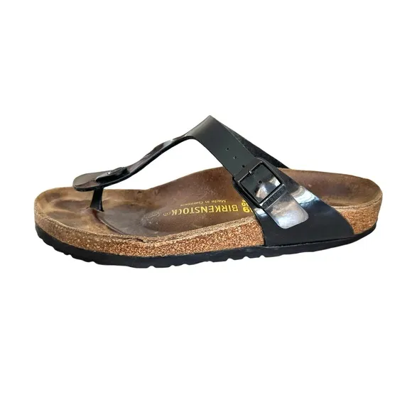 Birkenstock Gizeh Patent Birko Flor Black Thong Slides Sandals Women’s Size 39
