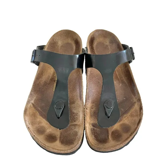 Birkenstock Gizeh Patent Birko Flor Black Thong Slides Sandals Women’s Size 39