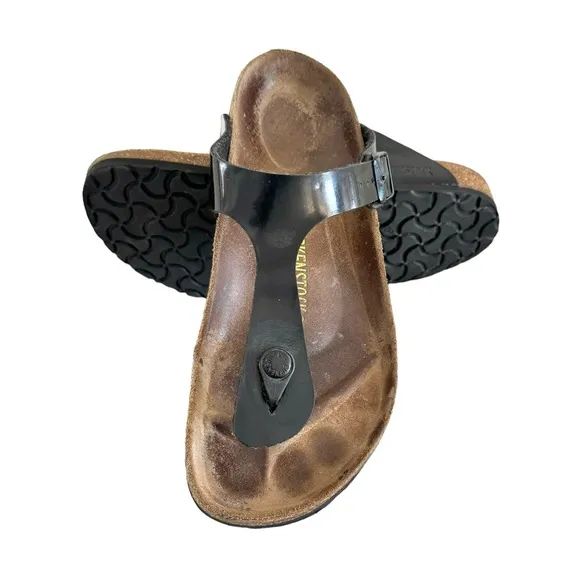 Birkenstock Gizeh Patent Birko Flor Black Thong Slides Sandals Women’s Size 39