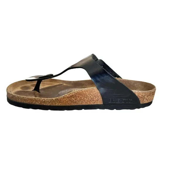 Birkenstock Gizeh Patent Birko Flor Black Thong Slides Sandals Women’s Size 39