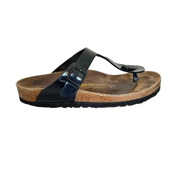 Birkenstock Gizeh Patent Birko Flor Black Thong Slides Sandals Women’s Size 39