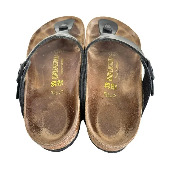 Birkenstock Gizeh Patent Birko Flor Black Thong Slides Sandals Women’s Size 39