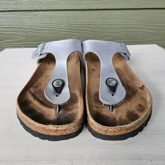 BIRKENSTOCK Gizeh Thongs Sandals Silver Buckle Shoes Slides Women's Size EU 36