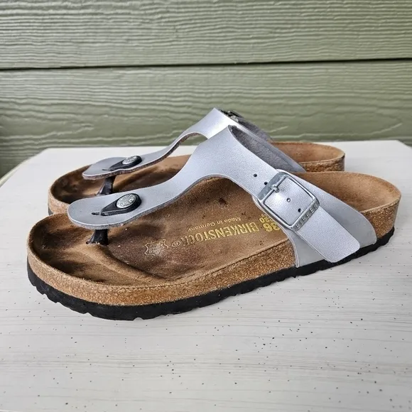 BIRKENSTOCK Gizeh Thongs Sandals Silver Buckle Shoes Slides Women's Size EU 36