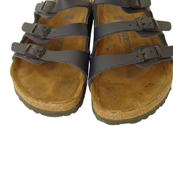 Birkenstock Navy Blue Florida Sandals Women Size 38 7-7.5 Faux Leather Cork Sole