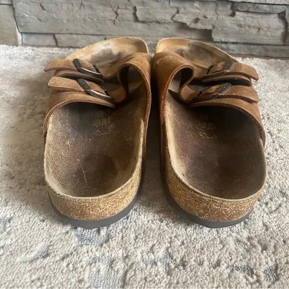 Birkenstock Sandals Nubuck Leather Suede Double Buckle Open Toe Camel Tan Brown