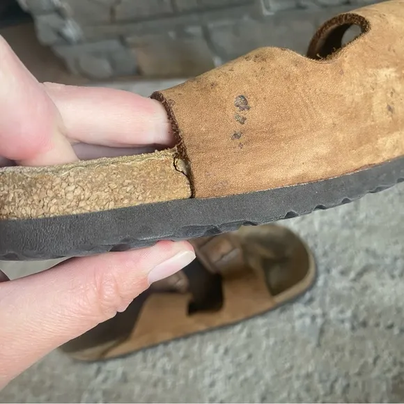 Birkenstock Sandals Nubuck Leather Suede Double Buckle Open Toe Camel Tan Brown