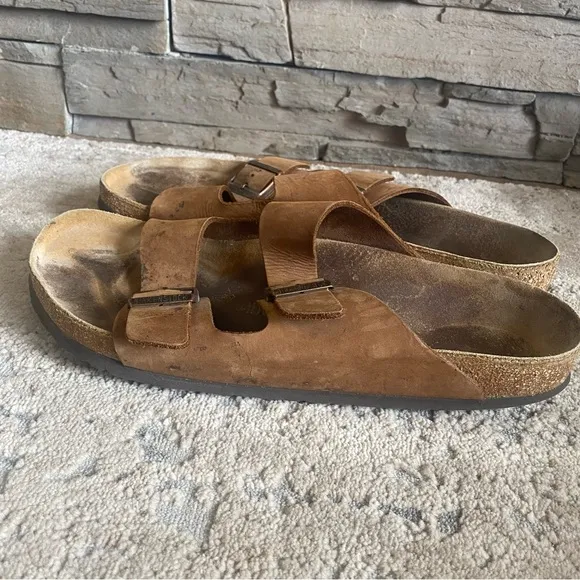 Birkenstock Sandals Nubuck Leather Suede Double Buckle Open Toe Camel Tan Brown