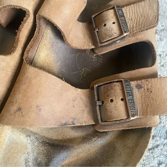 Birkenstock Sandals Nubuck Leather Suede Double Buckle Open Toe Camel Tan Brown