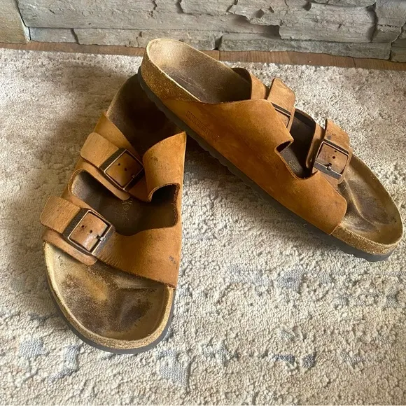 Birkenstock Sandals Nubuck Leather Suede Double Buckle Open Toe Camel Tan Brown