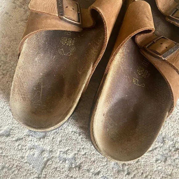 Birkenstock Sandals Nubuck Leather Suede Double Buckle Open Toe Camel Tan Brown