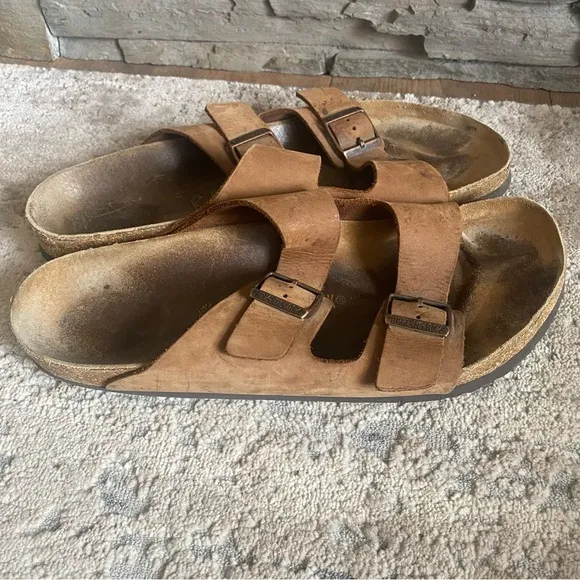 Birkenstock Sandals Nubuck Leather Suede Double Buckle Open Toe Camel Tan Brown