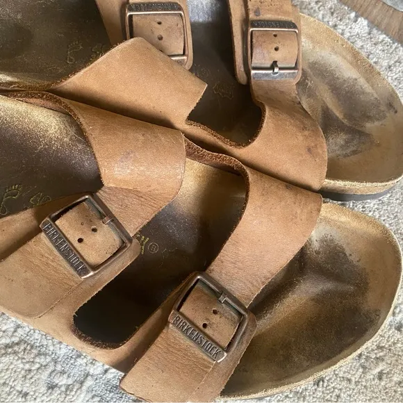 Birkenstock Sandals Nubuck Leather Suede Double Buckle Open Toe Camel Tan Brown