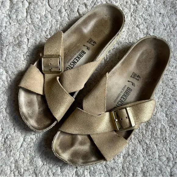 Birkenstock Siena Metallic Gold and Tan Slides Sandals Size 41