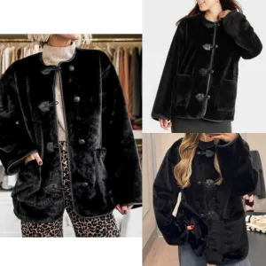 Black faux fur button jacket