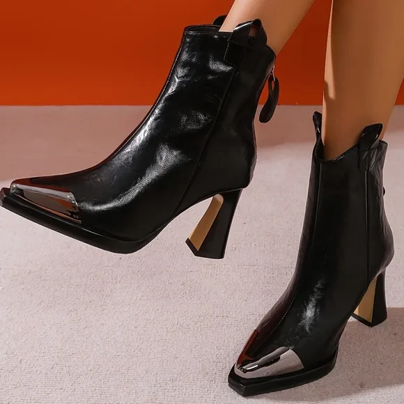 Black leather silver square toe short ankle half boots booties 37 boho western
