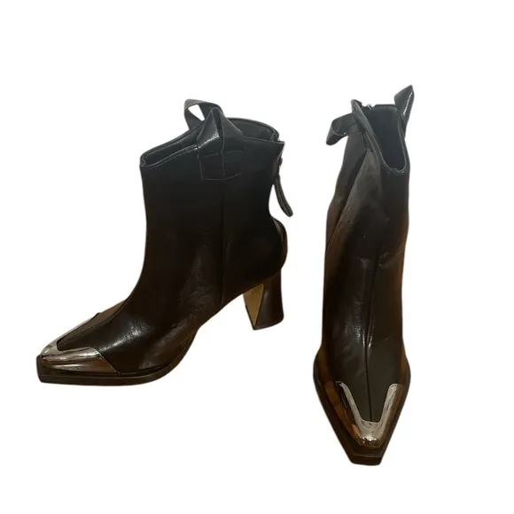 Black leather silver square toe short ankle half boots booties 37 boho western