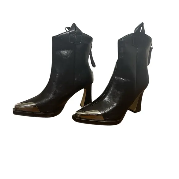Black leather silver square toe short ankle half boots booties 37 boho western
