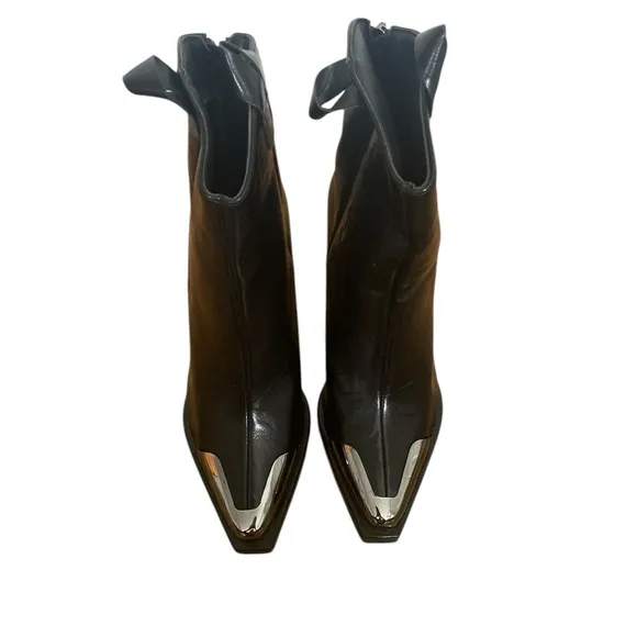 Black leather silver square toe short ankle half boots booties 37 boho western