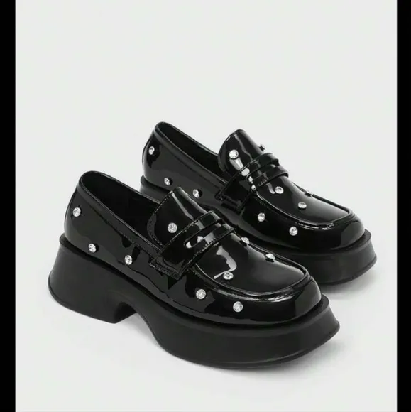 Black Patent Leather Loafers with Stud Accents