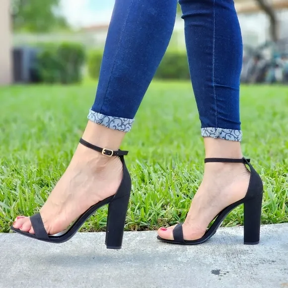 Black Suede Ankle Strap Block Heel Dress Sandals