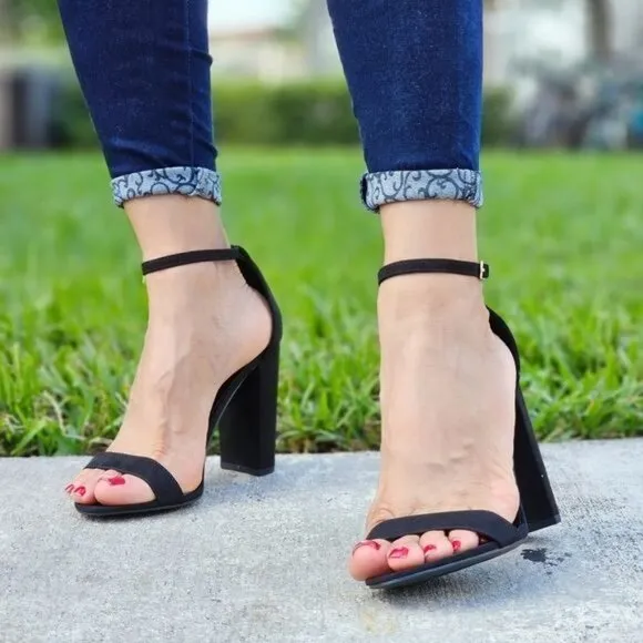 Black Suede Ankle Strap Block Heel Dress‎ Sandals