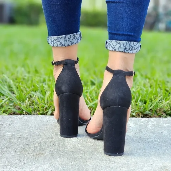Black Suede Ankle Strap Block Heel Dress Sandals