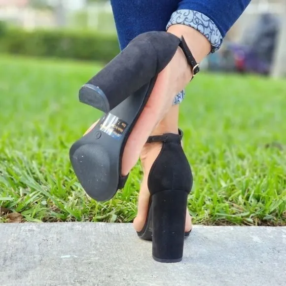 Black Suede Ankle Strap Block Heel Dress‎ Sandals