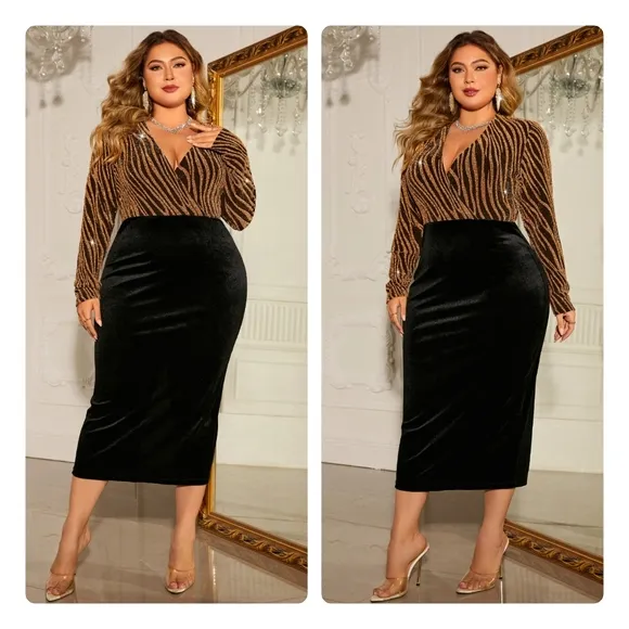 Black Surplice Neckline Midi Dress