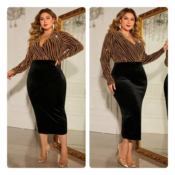 Black Surplice Neckline Midi Dress