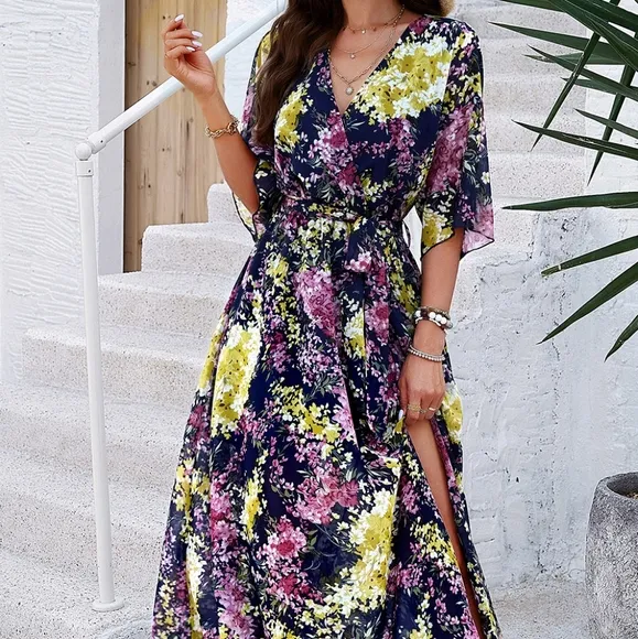 Blue Printed Half Slit Dress